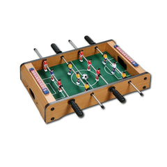 Mandelli mini table football features a wooden frame, green felt field, colorful player figures, and plastic soccer balls.