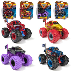 Marvel Monster Jam trucks in vibrant colors, showcasing unique designs and large textured tires against a white background.