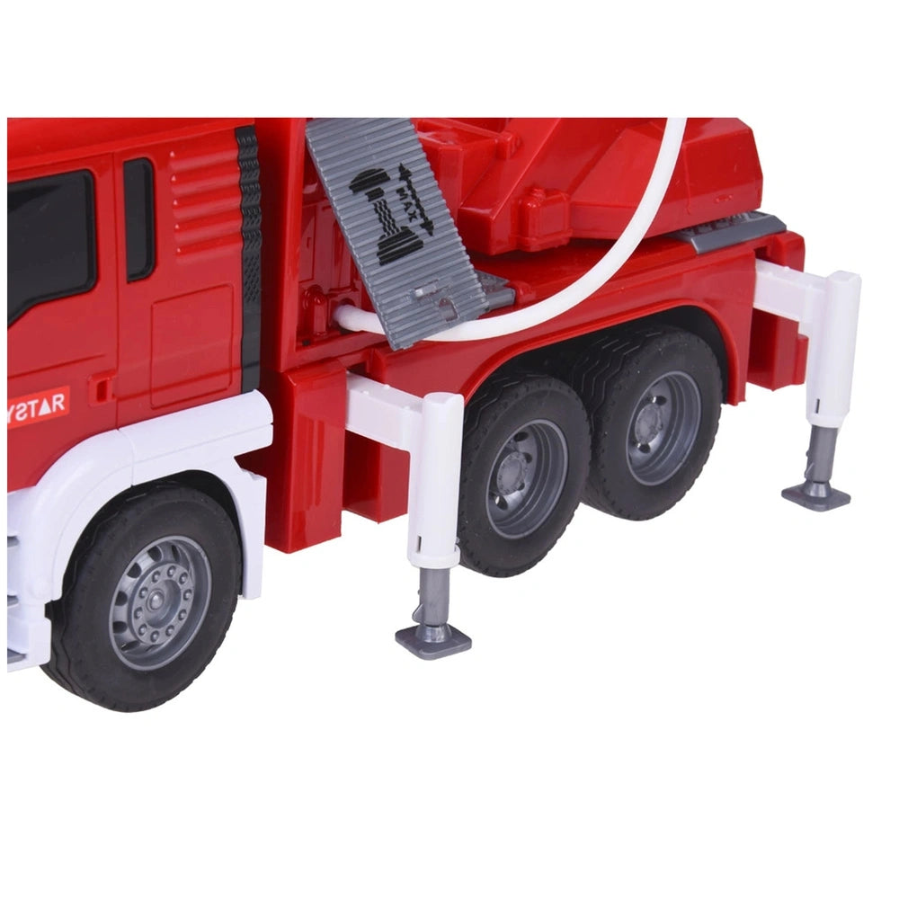 Red fire engine toy truck with a white cab and black wheels, designed for play or display on a flat surface.