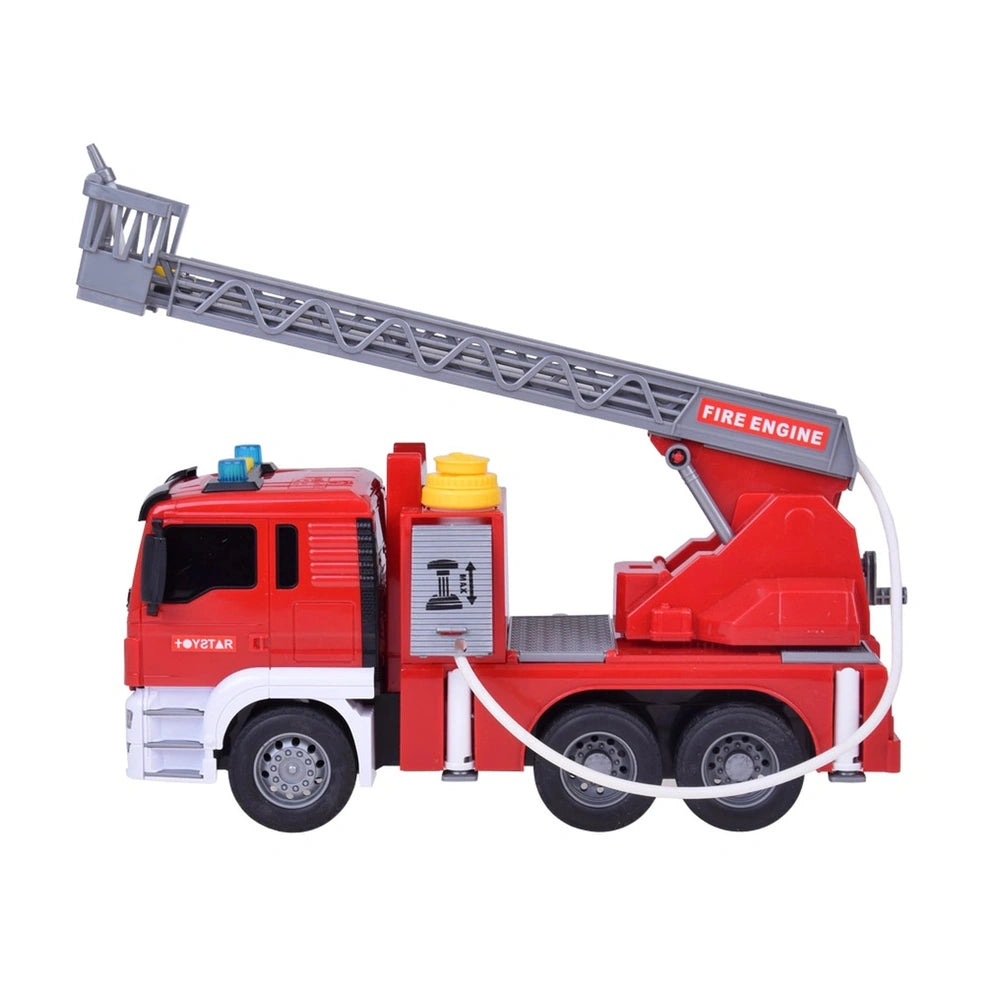 Red toy fire engine with a ladder, hose, and water tank, featuring "FIRE ENGINE" text in white with a red outline.