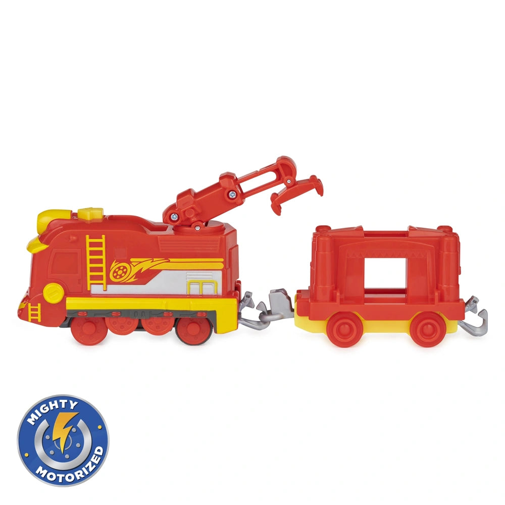 Mighty Express Motorized Train in red and yellow plastic with multiple metallic hooks, displayed from the front view.