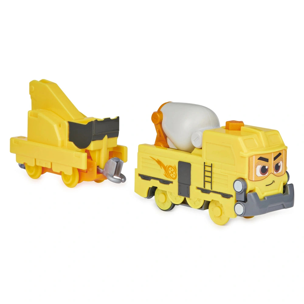 Mighty Express Motorized Train in yellow plastic with gray front, black details, wheels, windows, door, and number "1".