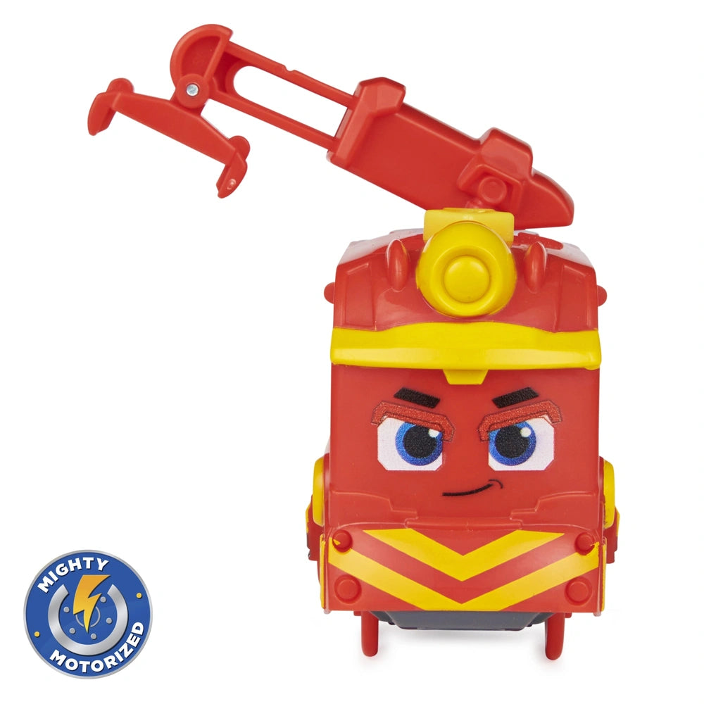 Mighty Express Motorized Train in red and yellow stripes with blue eyes and a red helmet, made of plastic.