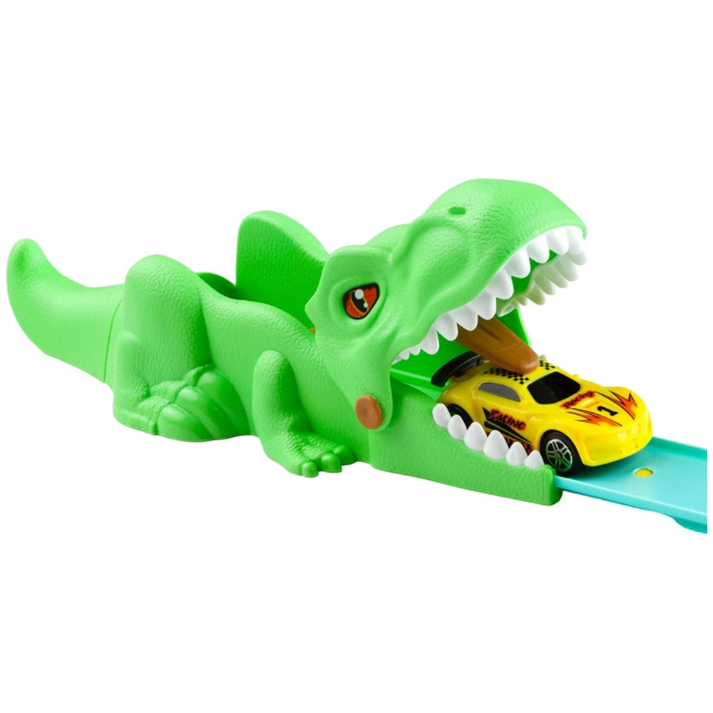 Molto Beast Wheels Dino toy set features a green dino with an open mouth and a yellow race car with red flames.