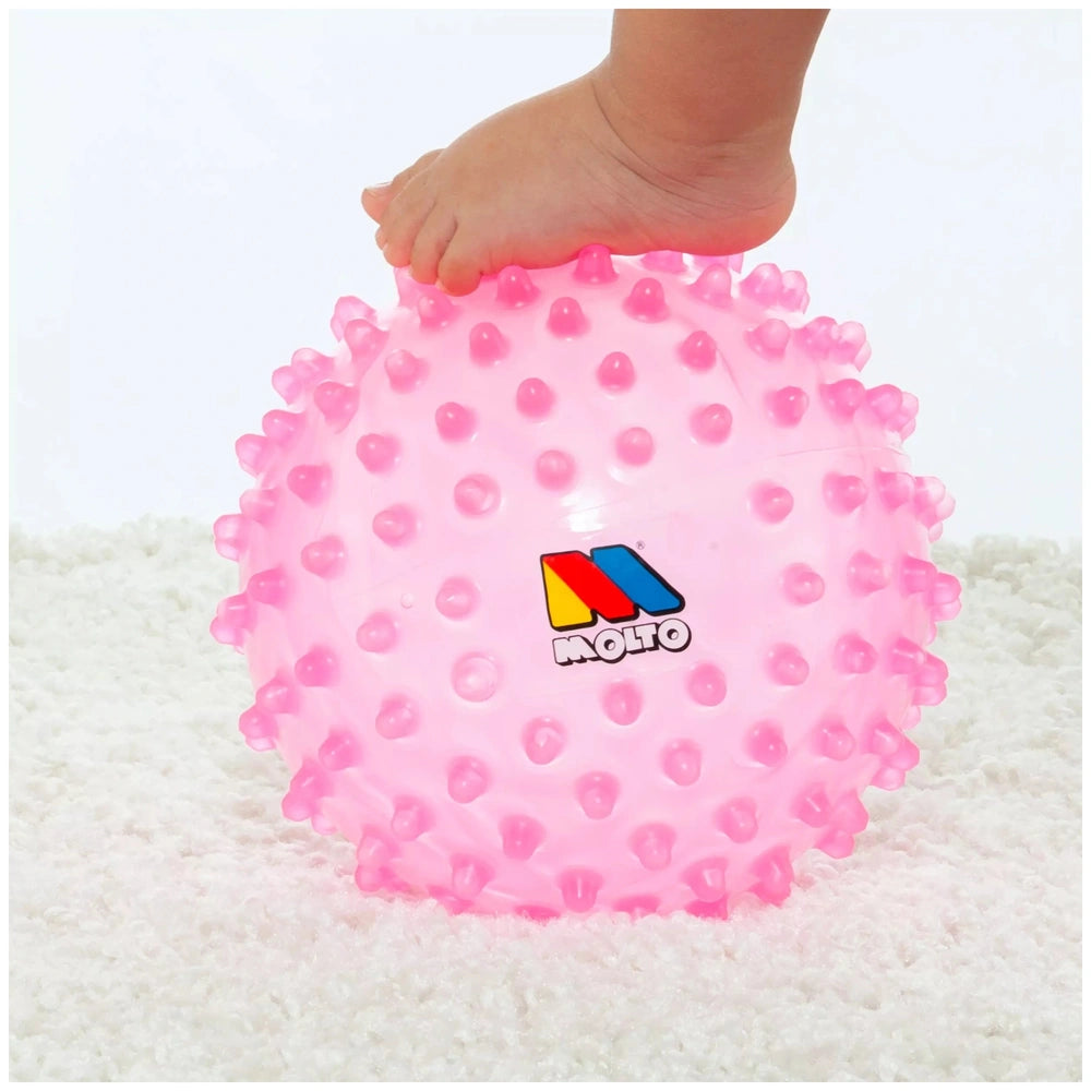 Molto pink sensory ball, 20cm plush fabric with raised dots and logo, perfect for baby activity and tactile play.