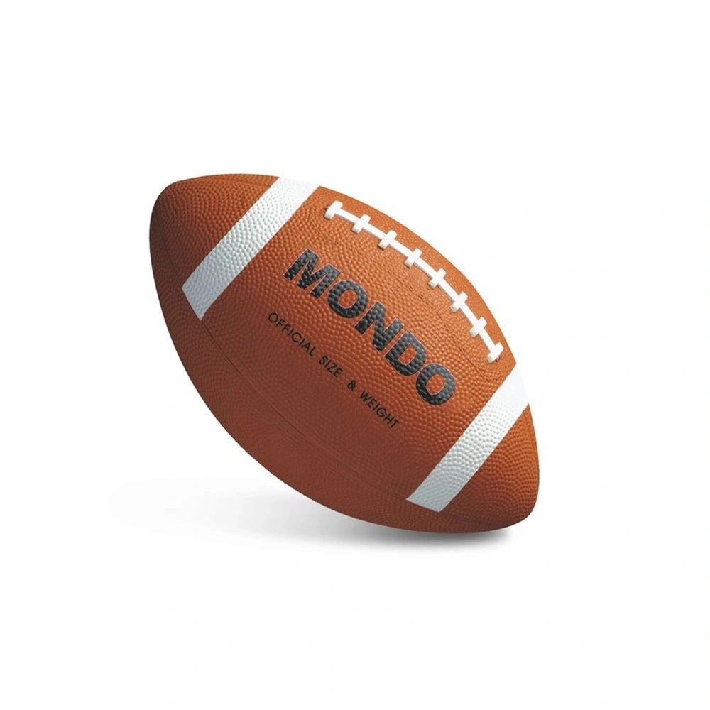 Mondo American Football Size 9, brown leather-like material with white stripes, textured surface, and brand name panel.