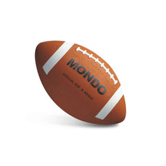 Mondo American Football Size 9, brown leather-like material with white stripes, textured surface, and brand name panel.
