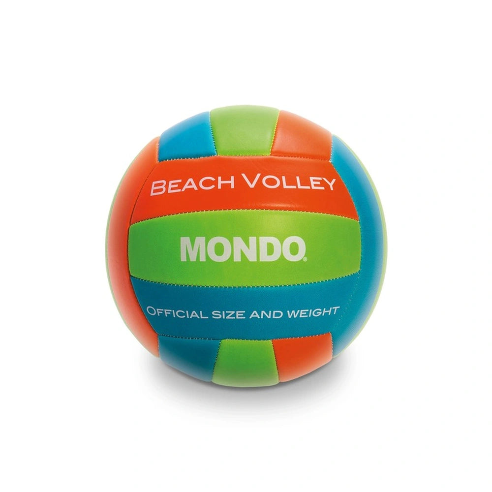 Mondo Beach Volleyball Size 5 features a colorful textured design with red, green, blue, and orange patterns on a white backg