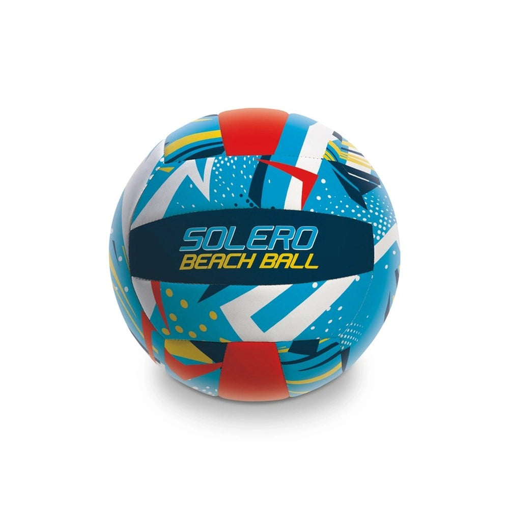 Mondo Beach Volley Ball Solero features a vibrant blue and red design with white stripes and textured surface.
