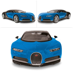 Mondo Bugatti Chiron radio-controlled car in blue with glossy finish, clear headlights, red taillights, and shiny metal wheel