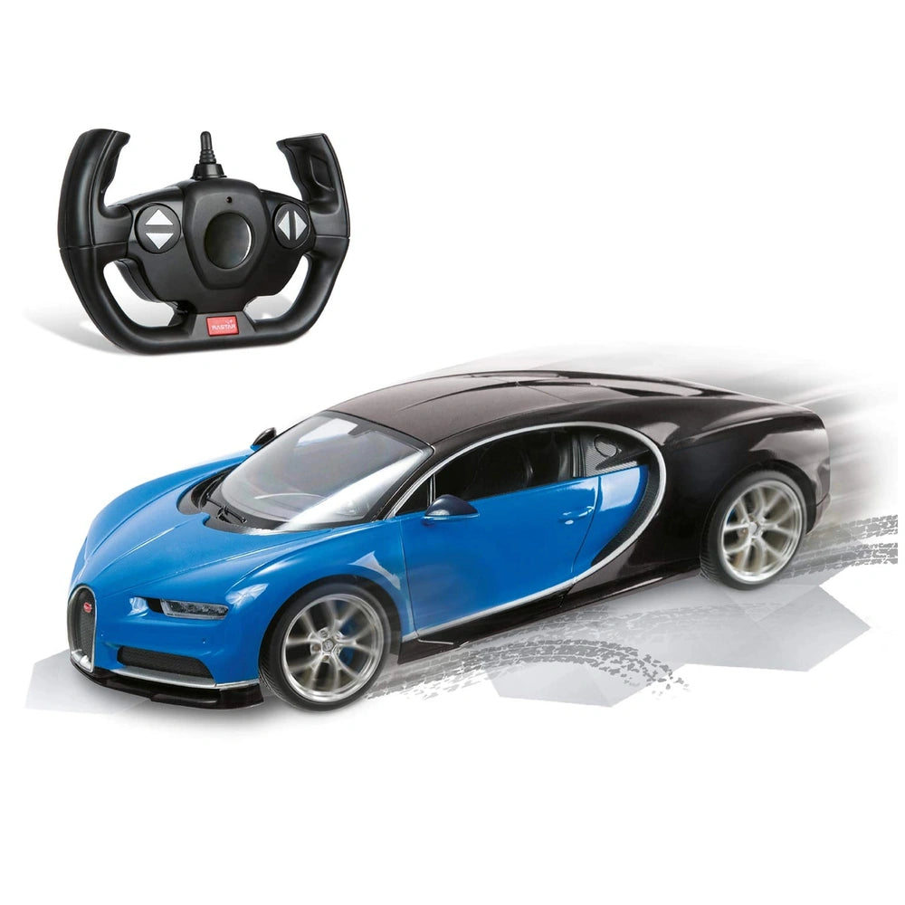 Mondo Bugatti Chiron radio-controlled car with shiny blue exterior, black steering wheel, and silver wheels in front view.