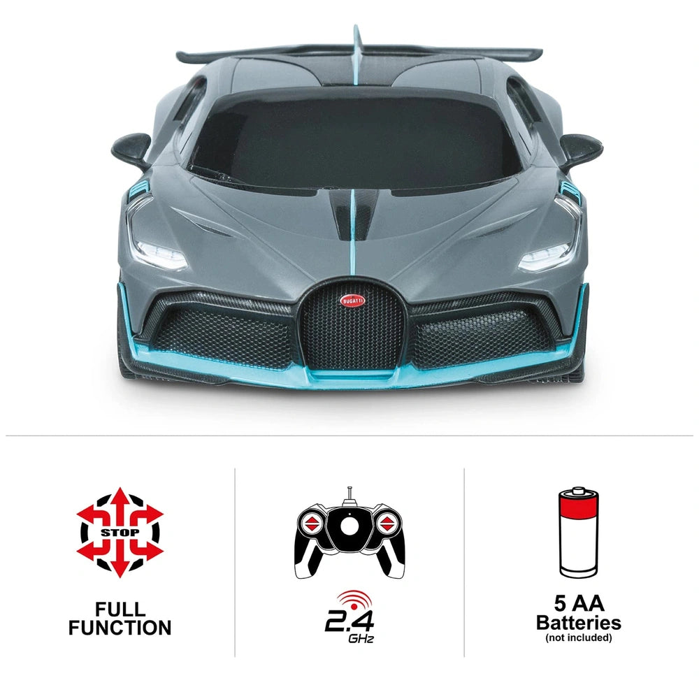 Mondo Bugatti DIVO radio-controlled car in glossy black and silver with red logo, features transparent windshield and full fu
