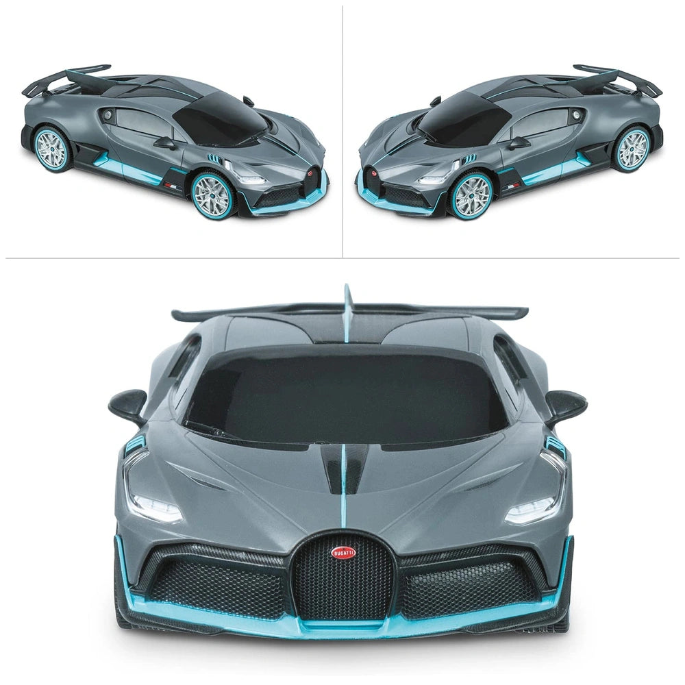 Mondo Bugatti DIVO radio-controlled car in light gray with dark gray roof, glossy and matte finishes, featuring clear lights 