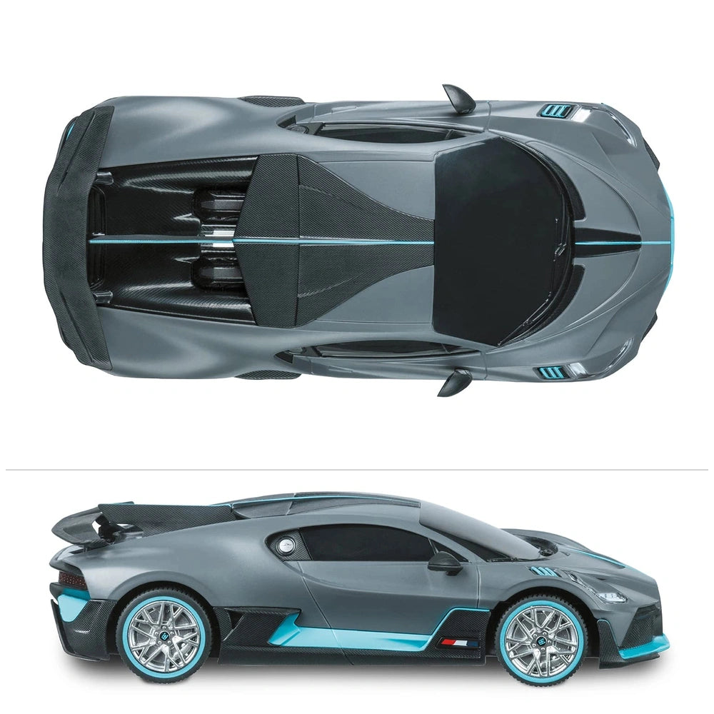 Mondo Bugatti DIVO radio-controlled car features a glossy gray body, blue and silver wheels, and detailed front components.