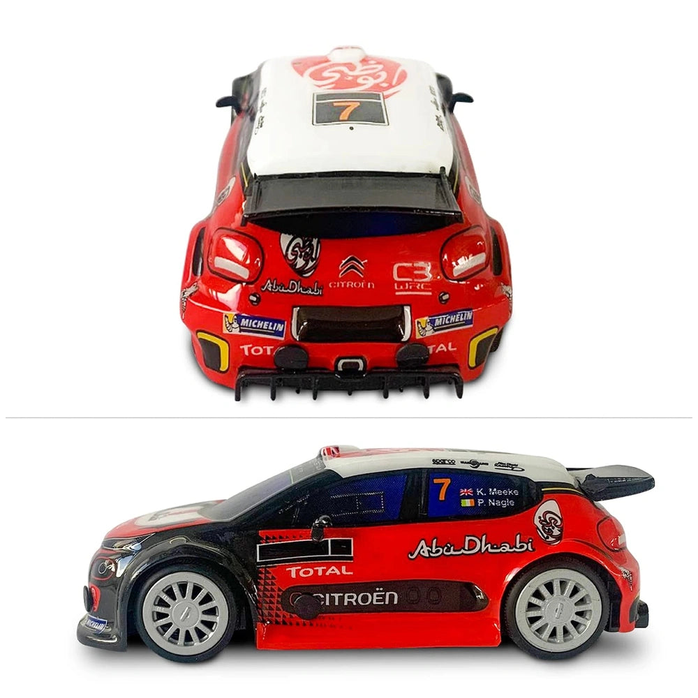Mondo Citroen C3 WRC radio-controlled car with red body, white roof, silver wheels, and black accents, featuring tinted windo