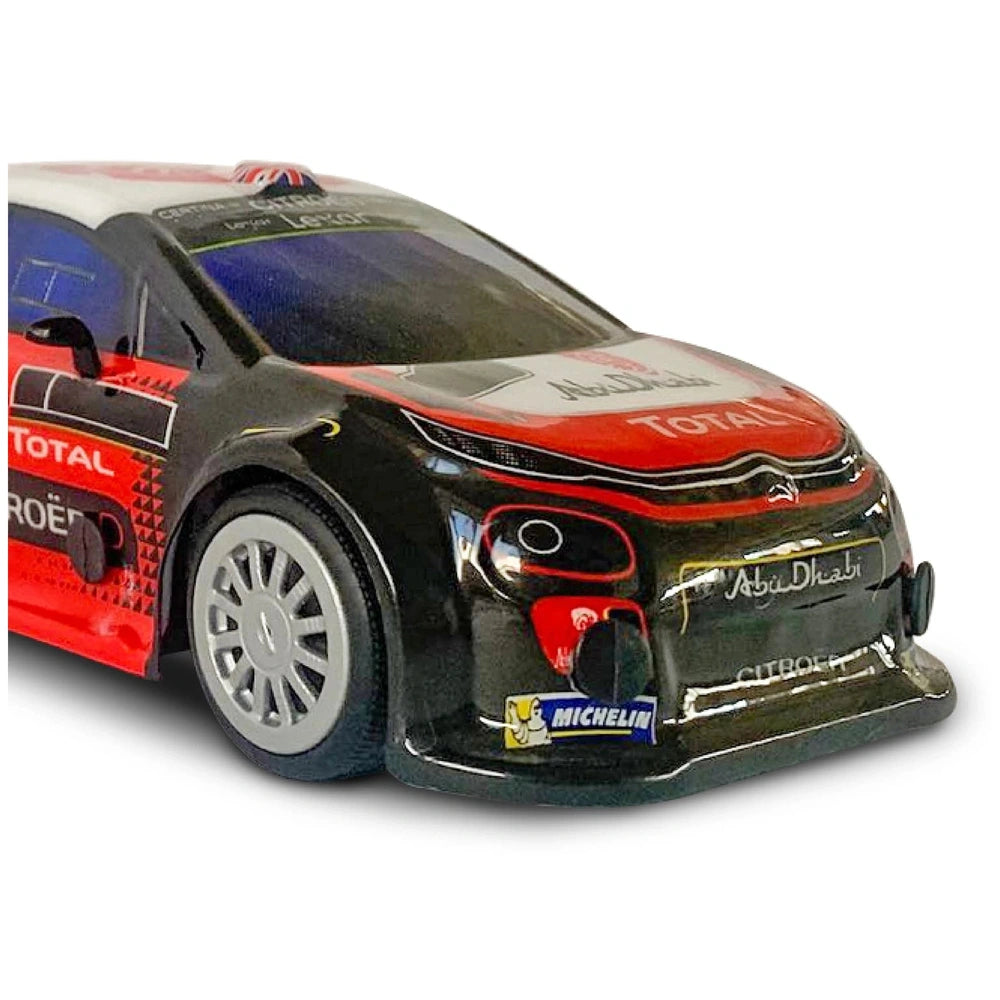 Mondo Citroen C3 WRC radio-controlled car with a glossy black body, red accents, and visible branding from TOTAL and MICHELIN