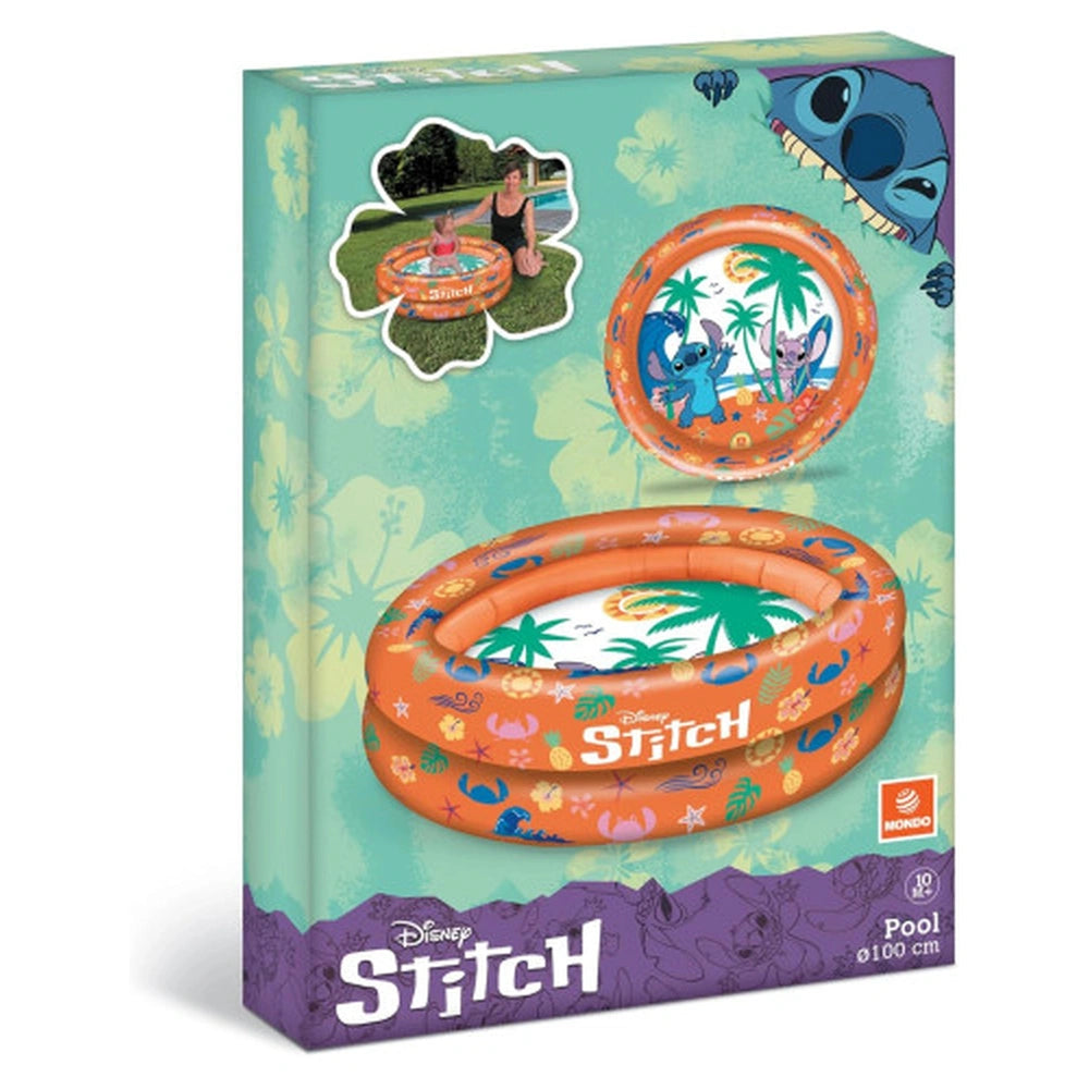Mondo Disney Stitch inflatable pool rings packaging features a light blue background with a large circular orange and yellow 
