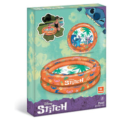 Mondo Disney Stitch inflatable pool rings packaging features a light blue background with a large circular orange and yellow 