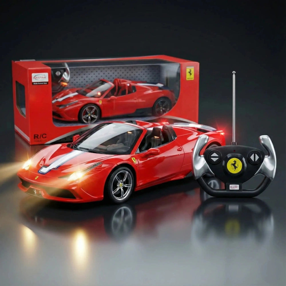 Mondo Ferrari 458 Speciale A radio-controlled car in red packaging, featuring a shiny steering wheel with a yellow logo.
