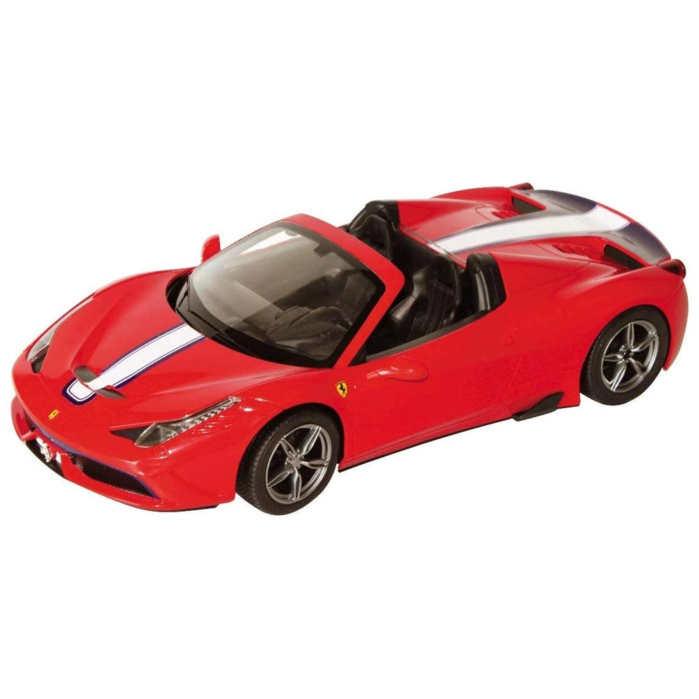 Mondo Ferrari 458 Speciale A radio-controlled car in red with black tires, clear windows, and detailed metal wheels.