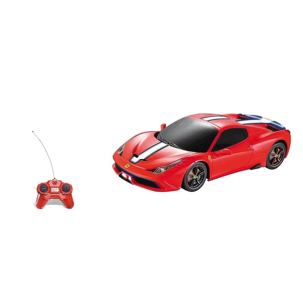Mondo Ferrari 458 Speciale radio-controlled car in glossy red with black accents, featuring lights and detailed plastic compo