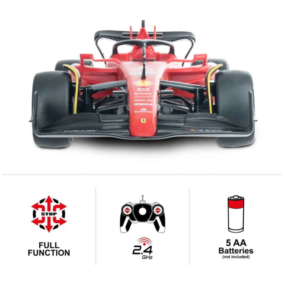 Mondo Ferrari F1 75 radio-controlled car in red and black, showcasing detailed components and full-function features.