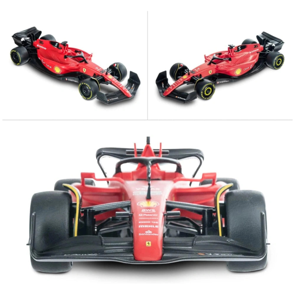 Mondo Ferrari F1 75 radio-controlled car in red with black accents, featuring black wheels with yellow accents.