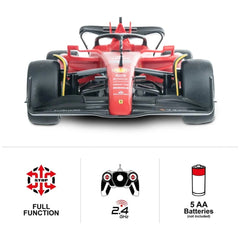Mondo Ferrari F1 75 radio-controlled car in red with black wheels, featuring yellow and white stripes and clear windshield.