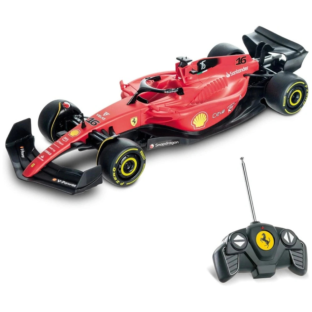 Mondo Ferrari F1 75 radio-controlled car in red plastic with yellow logo, black rubber tires, and silver metal steering wheel