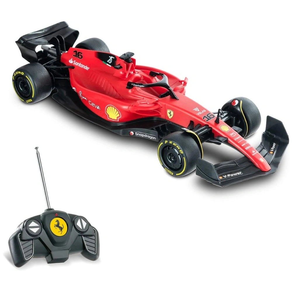 Mondo Ferrari F1 75 radio-controlled car features a red plastic body, black wheels, and yellow accents in a detailed front vi