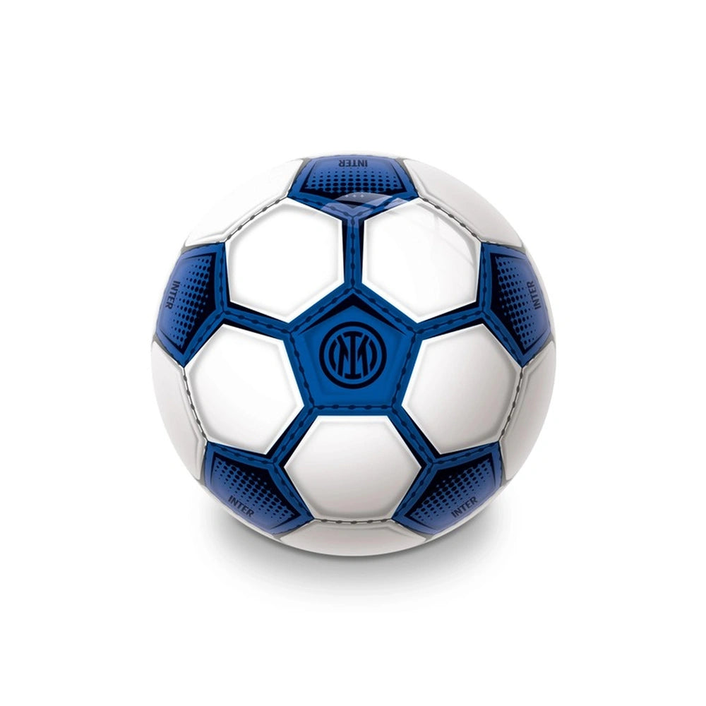 blue and white Mondo FC Inter Bio Ball featuring hexagonal patterns and printed text, centered on a white background.
