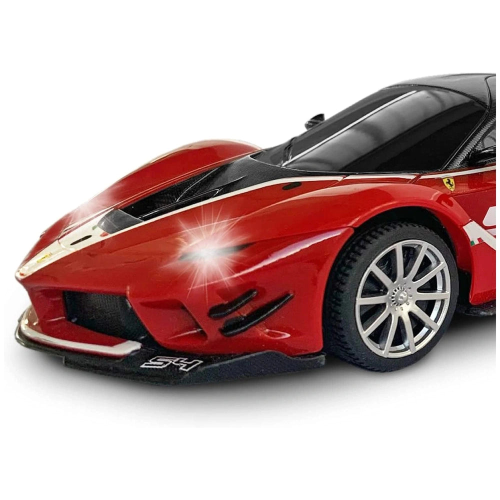 Ferrari FXX K EVO radio-controlled car in red and black with lights, opening doors, and 1:24 scale design.