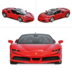 Ferrari SF 90 radio-controlled car in vibrant red, showcasing wheels, headlights, and sleek design elements.