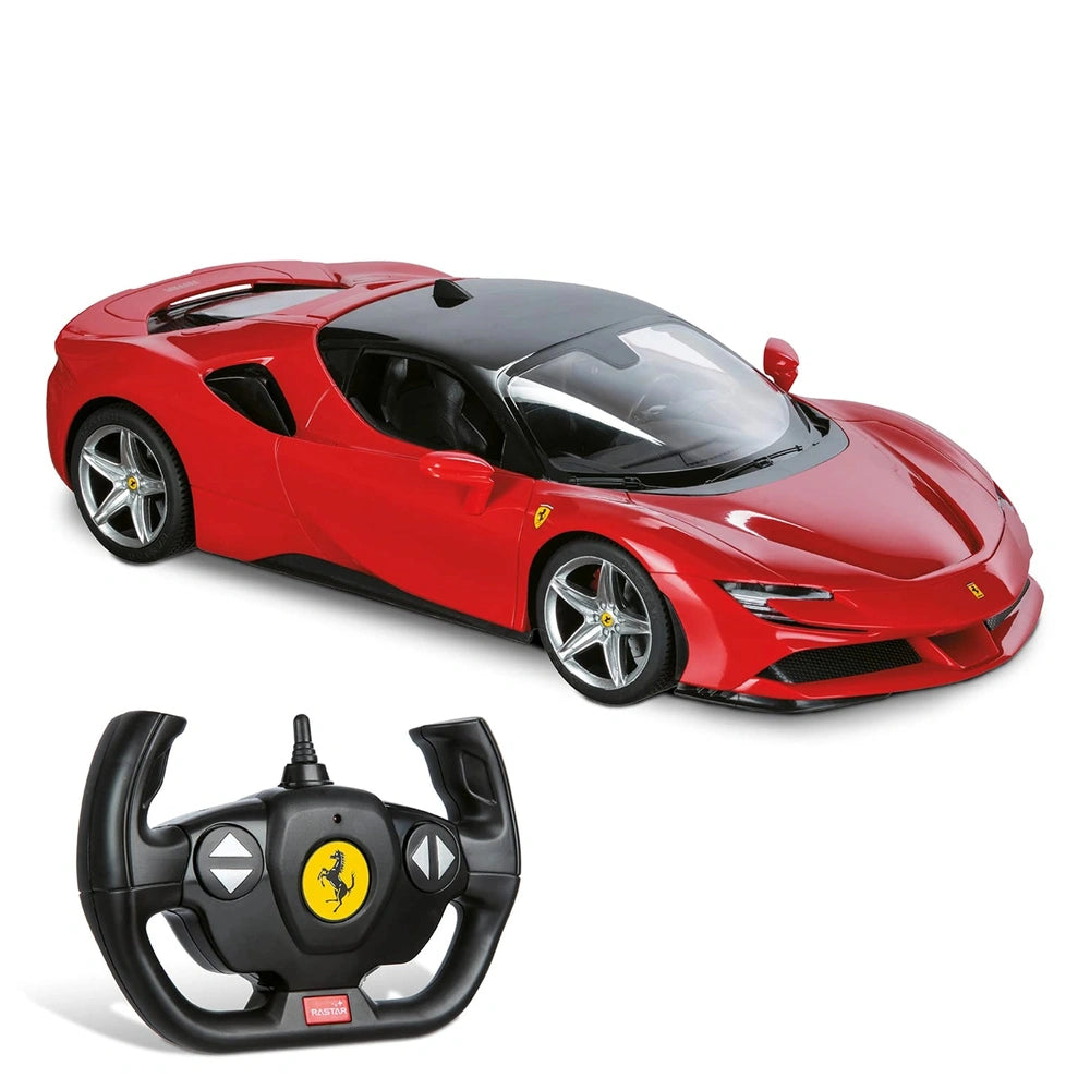Mondo Ferrari SF 90 radio-controlled car in glossy red with yellow logos, black steering wheel, and convertible design.
