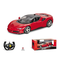 Mondo Ferrari SF 90 radio-controlled car in red and black packaging, featuring a yellow steering wheel and clear windows.