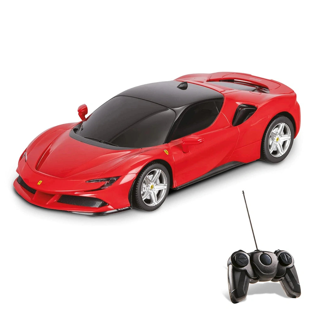 Ferrari SF 90 Stradale radio-controlled car in red with black accents, featuring silver wheels and lights, front view display