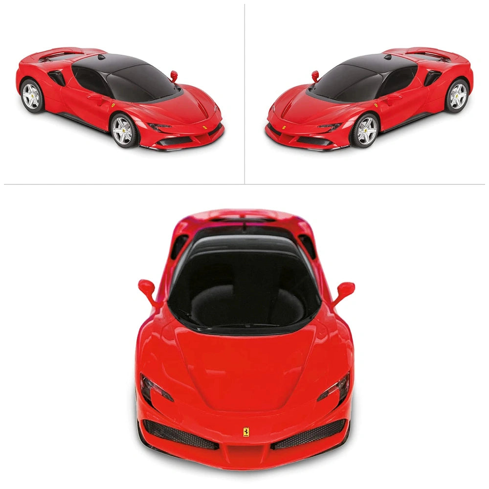 Ferrari SF 90 Stradale radio-controlled car in glossy red with tinted windows, multi-spoke wheels, and sleek coupe design.