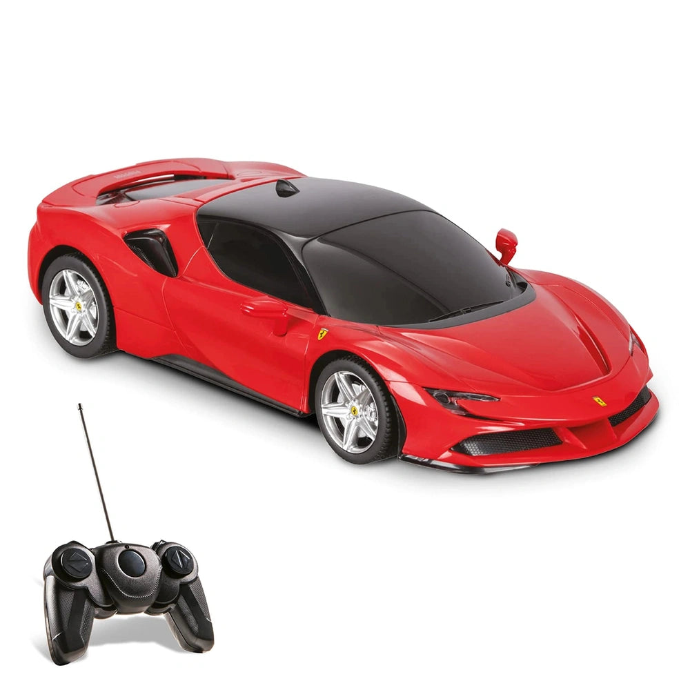 Mondo Ferrari SF 90 Stradale radio-controlled car in glossy red with black wheels and detailed features, including headlights