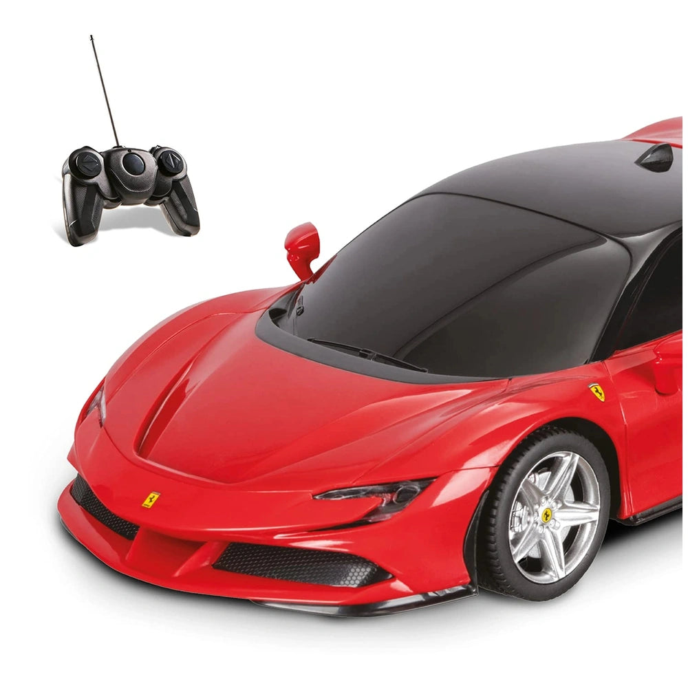 Mondo Ferrari SF 90 Stradale RC car in red with glossy finish, black roof, silver wheels, and detailed headlights.