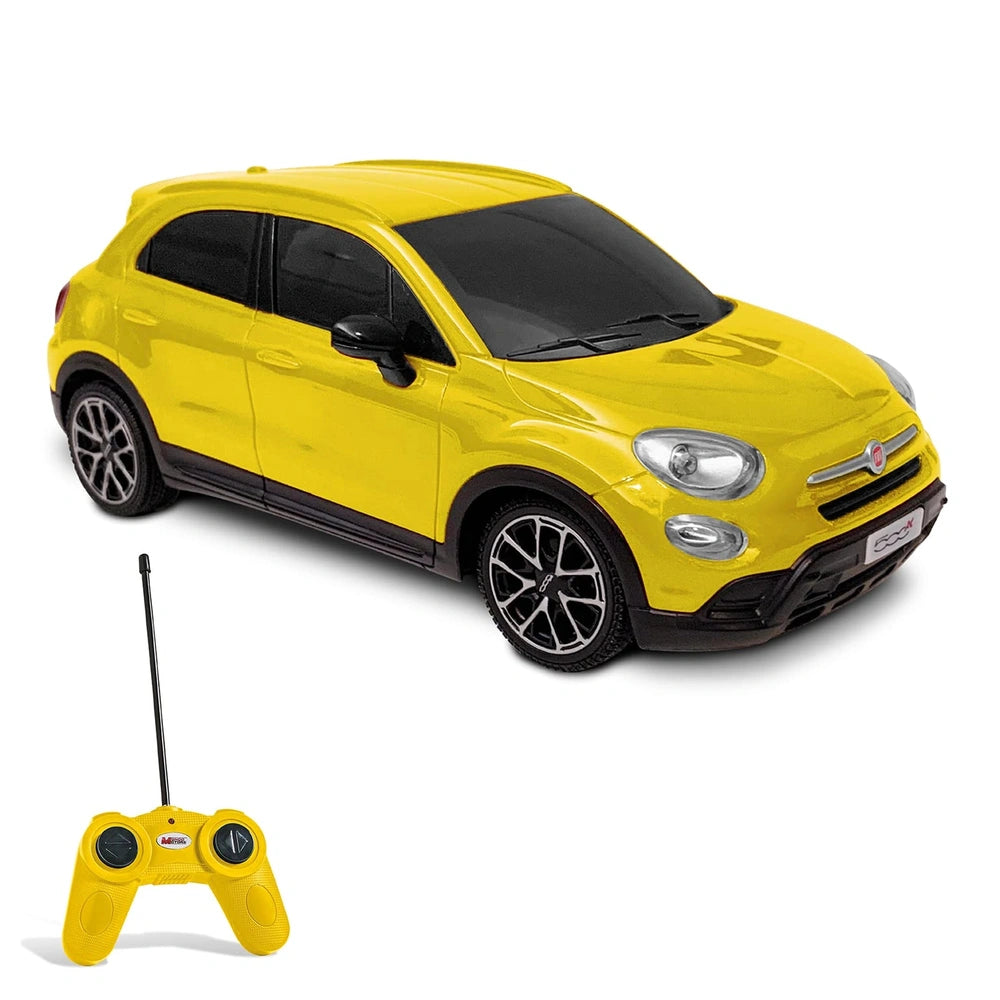 Mondo Fiat 500 X radio-controlled car in glossy yellow with matte black wheels and plastic black antenna, front view.
