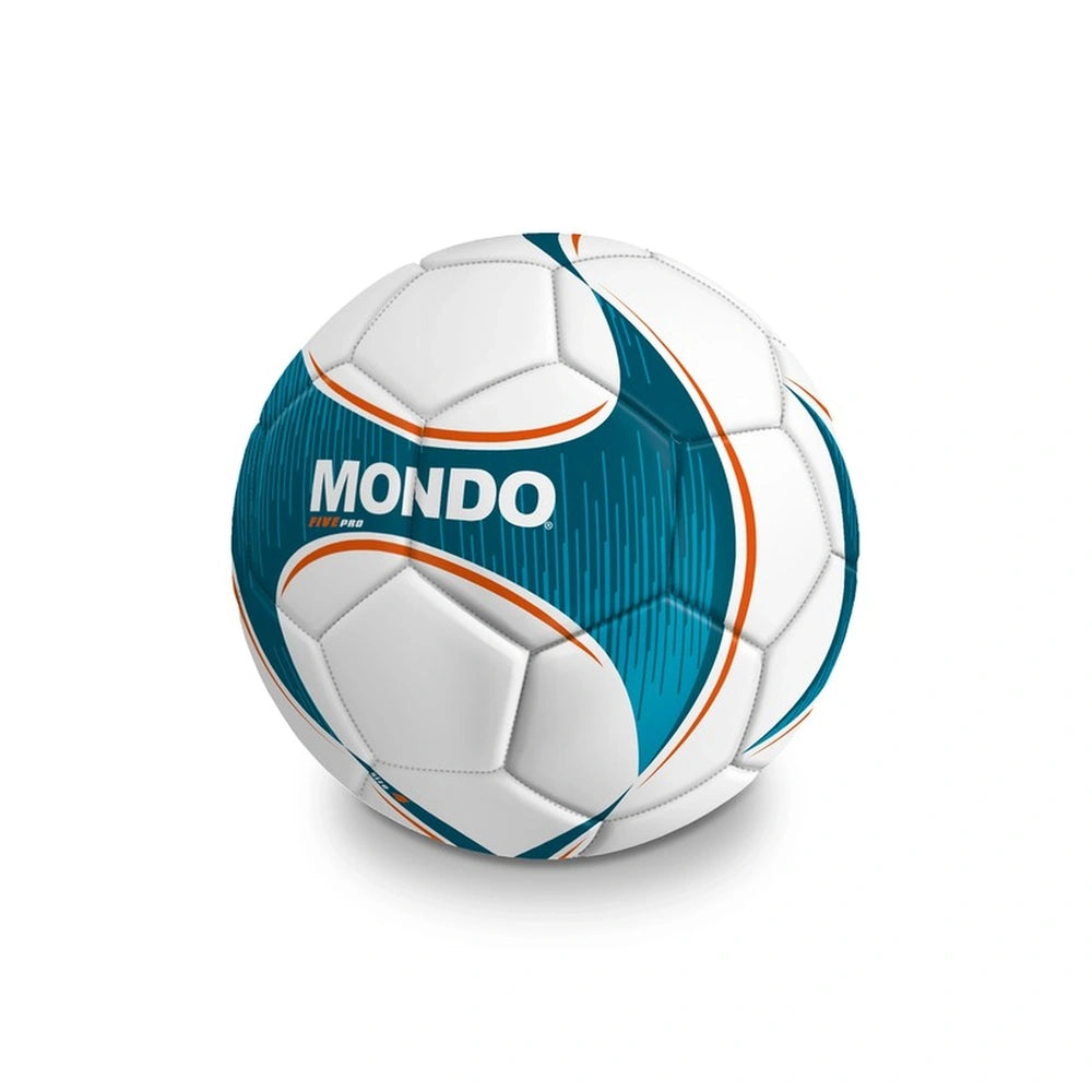 Mondo Football Five Pro ball features blue, orange, and white panels with a textured synthetic surface and logo.