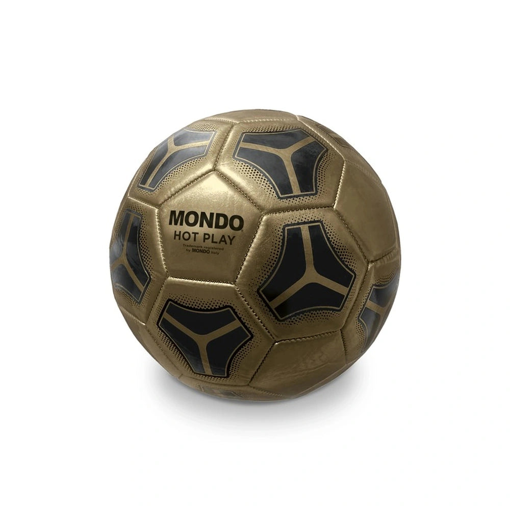 Mondo Football Hot Play soccer ball featuring a gold surface with black and white patterns, displaying "MONDO HOT PLAY".