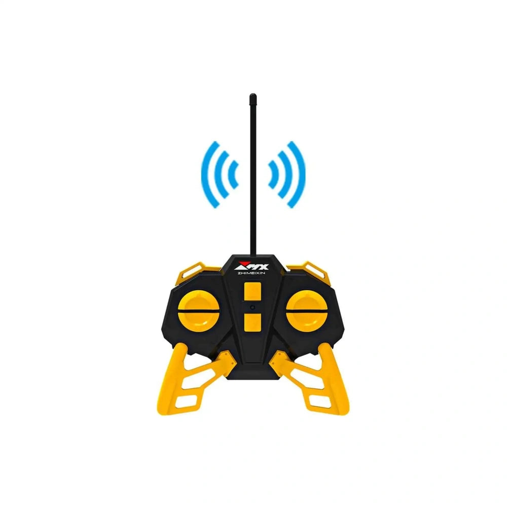 RC MX Constructions Excavator in black with yellow accents, featuring glossy buttons and a metallic antenna, branded "AX".