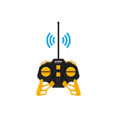 RC MX Constructions Excavator in black with yellow accents, featuring glossy buttons and a metallic antenna, branded "AX".