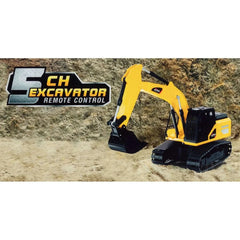 RC MX Constructions Excavator in yellow and black, featuring a backhoe loader with a detailed cab and bucket on a textured ba