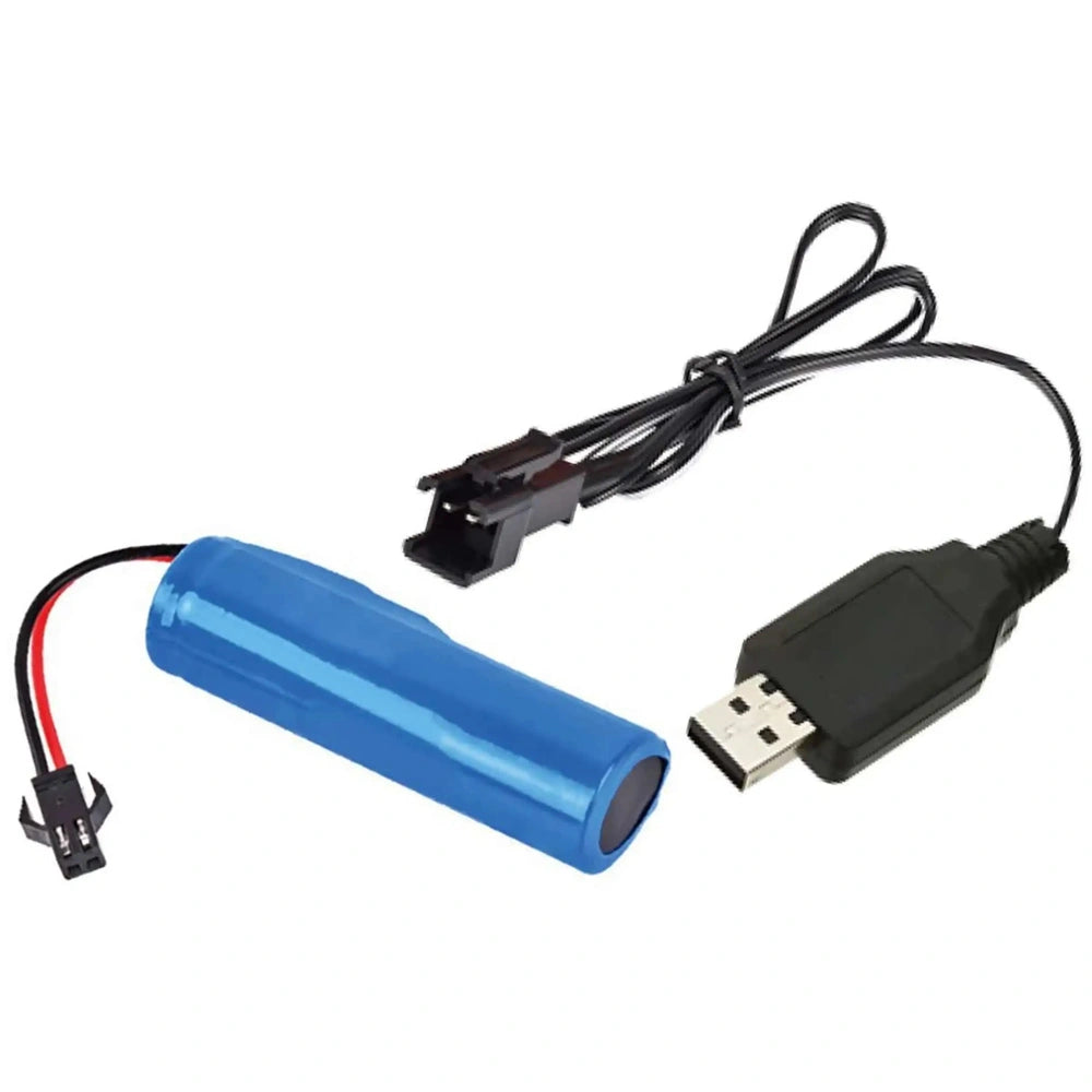 RC MX Constructions Excavator in blue plastic, with black USB cable and adapter positioned on either side.