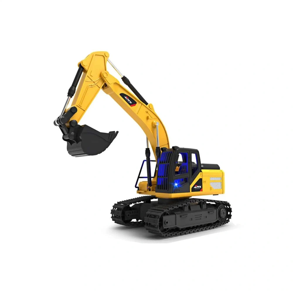 Mondo Motors RC MX Excavator in yellow plastic with black components, featuring tracks, shovel, arm, and detailed interior.