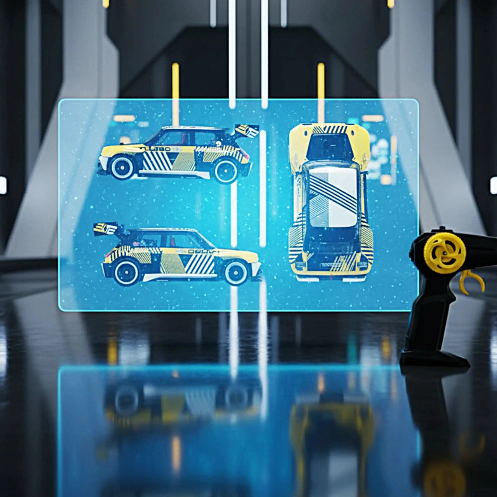 RC Renault 5 Turbo 3E toy cars in yellow and black on a reflective surface with a blue gradient background.