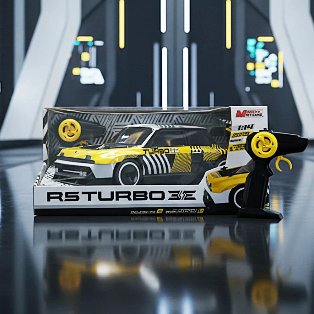 RC Renault 5 Turbo 3E in yellow and black, displayed in a glossy cardboard box with transparent window.