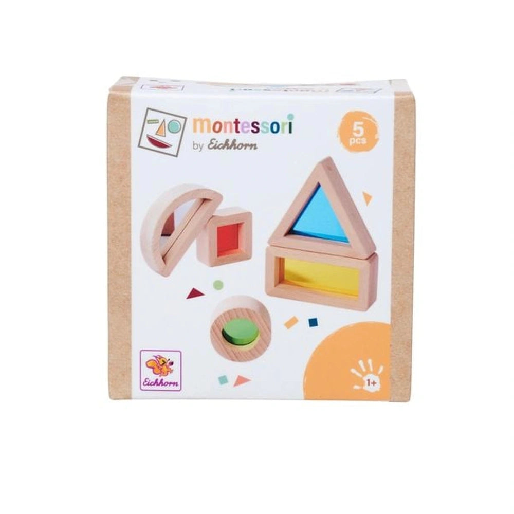 Montessori Window Building Blocks Set packaging features colorful illustrations of interlocking wooden shapes for educational
